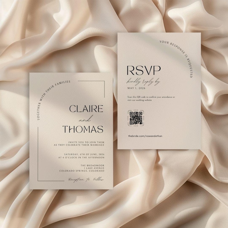 Plain white sheet background and shadows. In the center are one simple and minimal wedding invites. The script is is in cursive. Plain black and white. There is also a view of the back of the invite - in minimalistic style there is also an RSVP with a QR code.