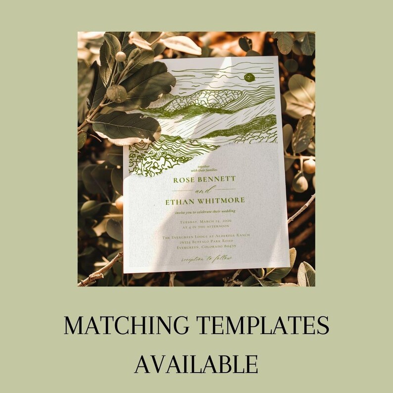 This is a lifestyle image of a wedding template standing up on a rock, with dark green foliage in the background. Text reads, matching templates available.