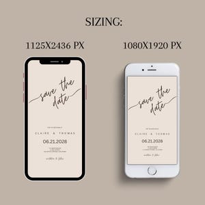 This slide give the customer an example that these save the dates can be sent as a text message format. There are two phone screens on the slide showing these wedding templates can be send digitally in two different sizes - 1125x2436 px or 1080x1920 px.