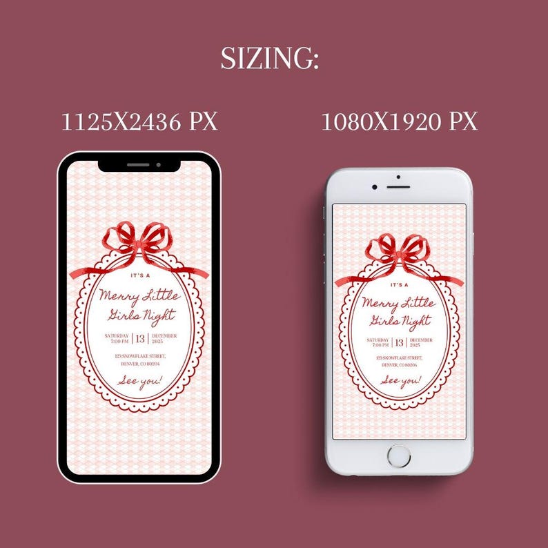 This slide gives the digital format sizes for the Christmas ladies night party templates. The two sizes are 1125x2436 pixels or 1080x1920 pixels.