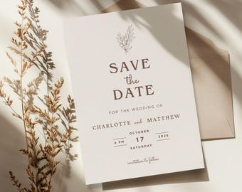 Neutral Save the Date Wedding Template, Brown Save the Date wedding card, editable save the dates, boho wedding announcements, beige wedding