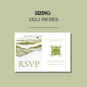 Plain green background with bold text at the top that reads, sizing 5x3.5 inches. In the center is an example of the RSVP template.