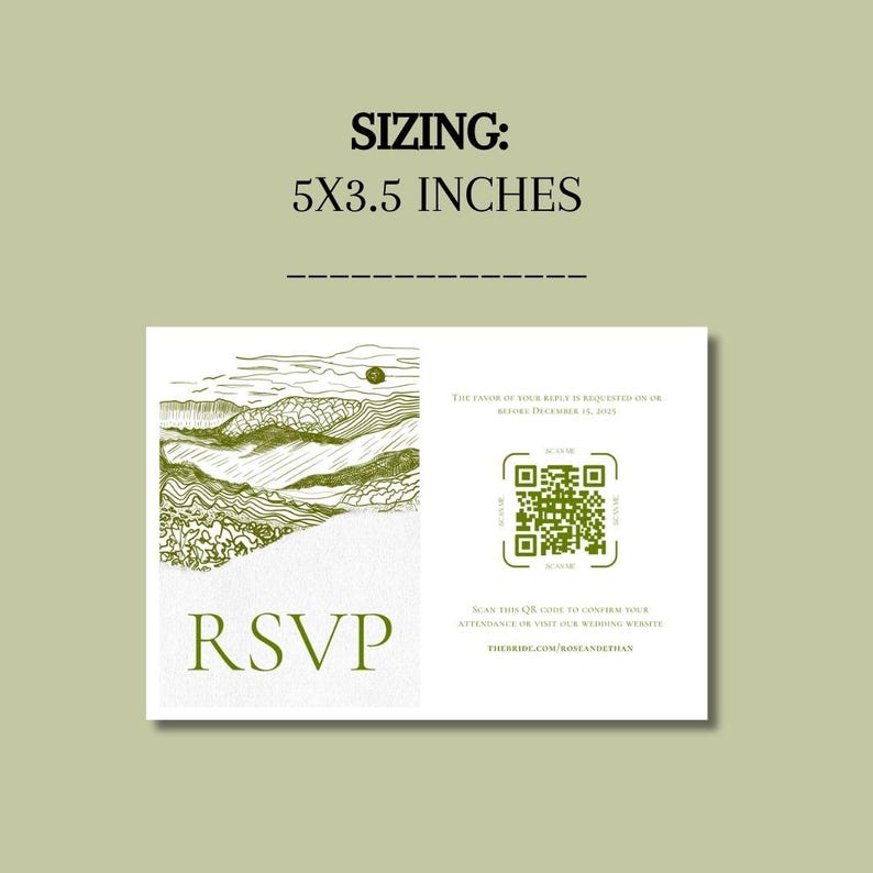 Plain green background with bold text at the top that reads, sizing 5x3.5 inches. In the center is an example of the RSVP template.