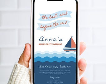last sail before the veil bachelorette invitation,digital invite beach bachelorette party,nautical blue and white party invite,yacht party