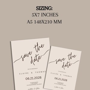 This is a sizing chart to show Etsy customers what size wedding templates are included in this package. Text at the top reads, sizing 5x7 or A5. Under the text are two examples of the save the dates modern templates.