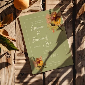 Sage Green Wedding Invitation Template, Painted Floral Wedding Invite RSVP, Wildflower, Editable Botanical Wedding Bundle, Canva Template
