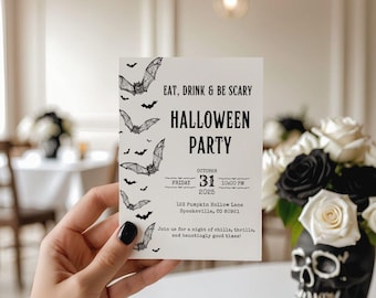 Bat Halloween Party Invitation, editable minimalistic halloween party invites, adult halloween party, black and white, costume party, evite