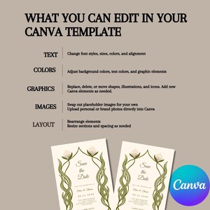 This is an informational slide showing what the customer can edit on their wedding templates in canva - text, colors, graphics, images, and layout.