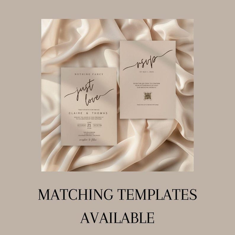 This is a informational slide with a different mock up photo in the center - this one has text that reads, matching templates available. The photo shows the matching wedding invitation template. The cards are in brown and white.