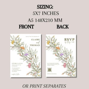 Wedding invitation set with front and back designs. The front and back each feature the hand drawn illustration of pastel colored florals, that create an bouquet in the center of the cards.
