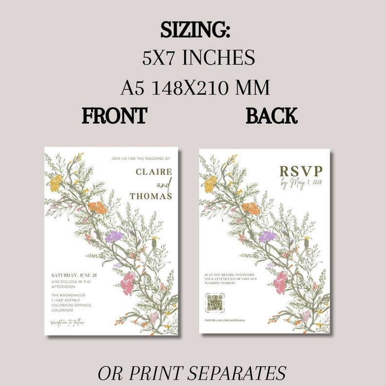 Wedding invitation set with front and back designs. The front and back each feature the hand drawn illustration of pastel colored florals, that create an bouquet in the center of the cards.