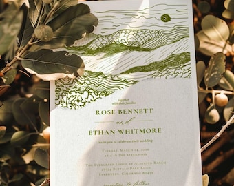 Rauchberge Hochzeitseinladung: Landschaft Hochzeitseinladung, grün, editierbar
