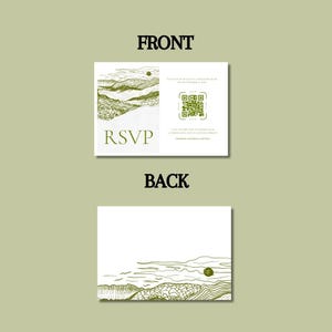 This is a plain green background with bold text that reads, front and back. This slide shows the front of the landscape RSVP card, as well as the back. The back is shown with just the artwork and no text - optional to just print white on one side.