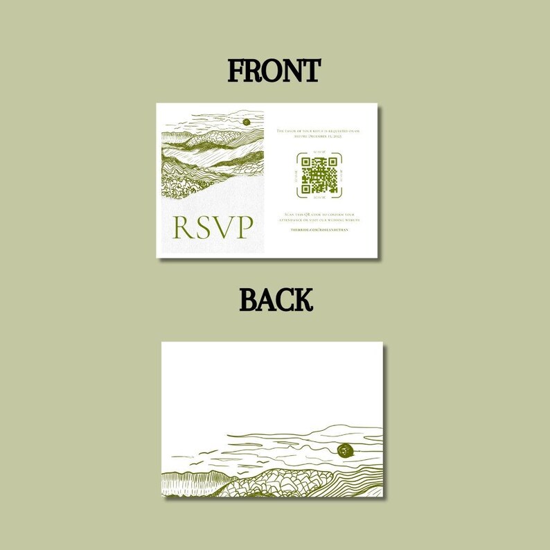 This is a plain green background with bold text that reads, front and back. This slide shows the front of the landscape RSVP card, as well as the back. The back is shown with just the artwork and no text - optional to just print white on one side.