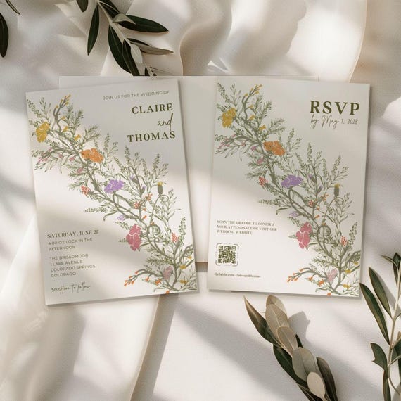 wildflower wedding invitation, floral wedding invite template, boho wedding stationary, pastel flowers, editable canva template