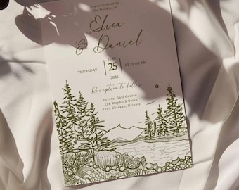 Puede incluir: Una invitación de boda con una ilustración de paisaje en tinta verde oliva. La invitación incluye los nombres "Elica & Daniel", la fecha "25 de junio de 2026" y los detalles de la recepción.