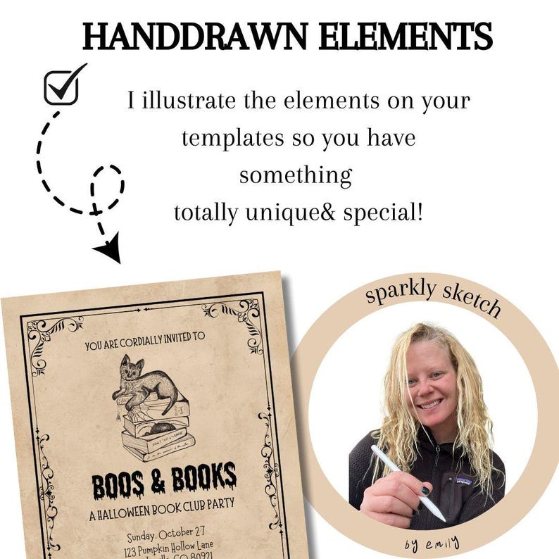 This is an informational slide showing the hand drawn elements included in this Halloween template. There is an image of the artist.