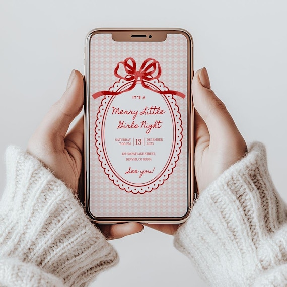 Christmas Girls Night Invite, digital invite, ladies night invitation, white elephant invite, secret Santa, red bows, coquette,text message