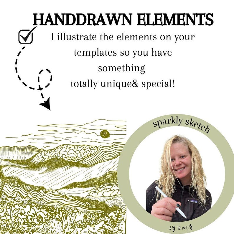 This is an informational slide about what makes this wedding RSVP card unique - hand drawn elements. This slide also shows the illustrations more close up.