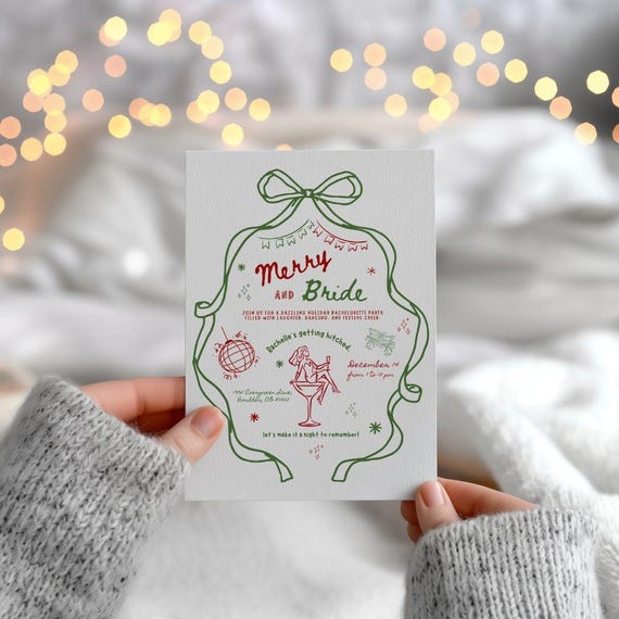Merry And Bride Christmas Bachelorette Party Invitation, coquette winter bachelorette party invites, red and green, bachelorette invitation