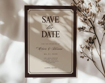 classic save the date wedding template, old money aesthetic save the date, wedding announcements, espresso brown wedding stationary,editable
