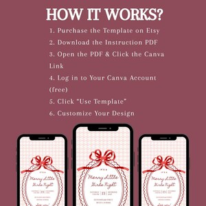 This is an informational slide to show Etsy customers what size they can use this Christmas  party or Christmas party for girls night template for. It shows two phone or text message sizes in pixels - 1125x2436 or 1080x1920.
