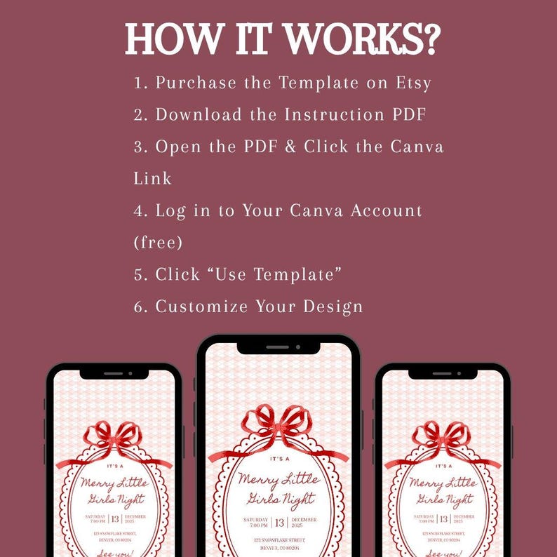 This is an informational slide to show Etsy customers what size they can use this Christmas  party or Christmas party for girls night template for. It shows two phone or text message sizes in pixels - 1125x2436 or 1080x1920.