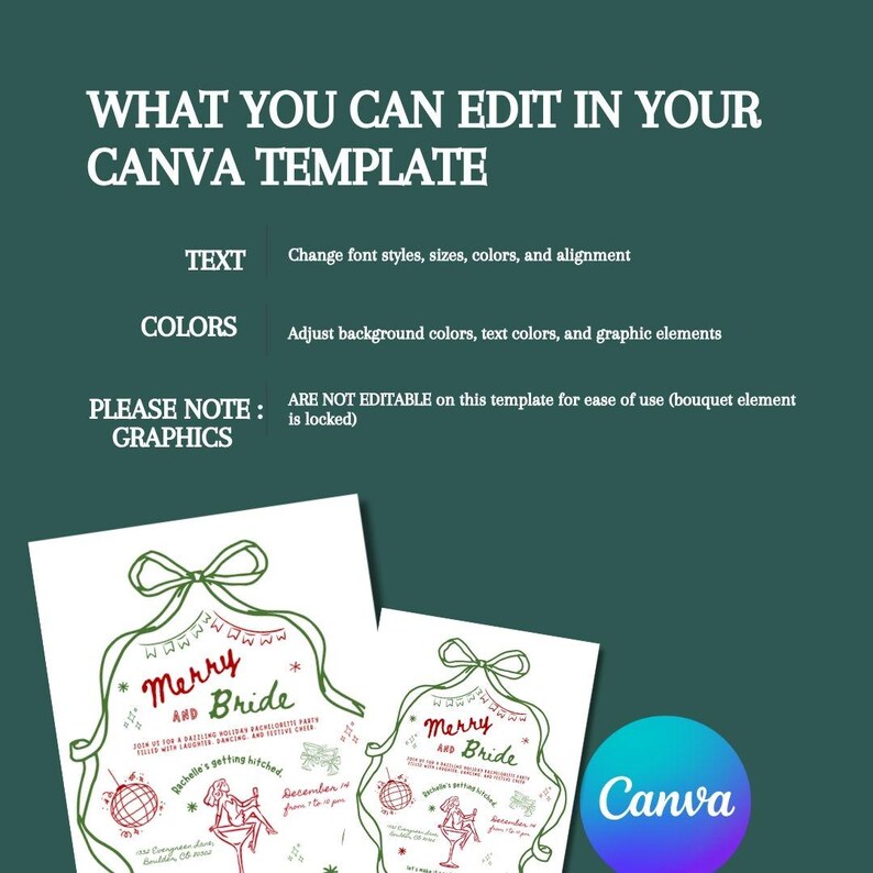 This slide shows Etsy customer what they can edit in their Bachelorette Party invitations templates - text, colors, graphics, images and layout.