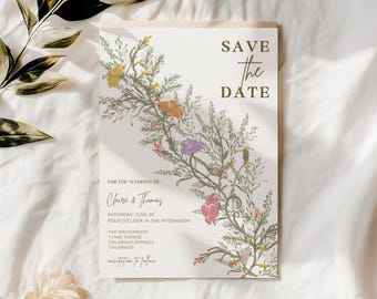 Guardar la fecha para boda con estilo art nouveau floral, papelería de boda con flores silvestres, plantilla editable con flores de primavera, invitación editable en Canva para fiesta en el jardín.