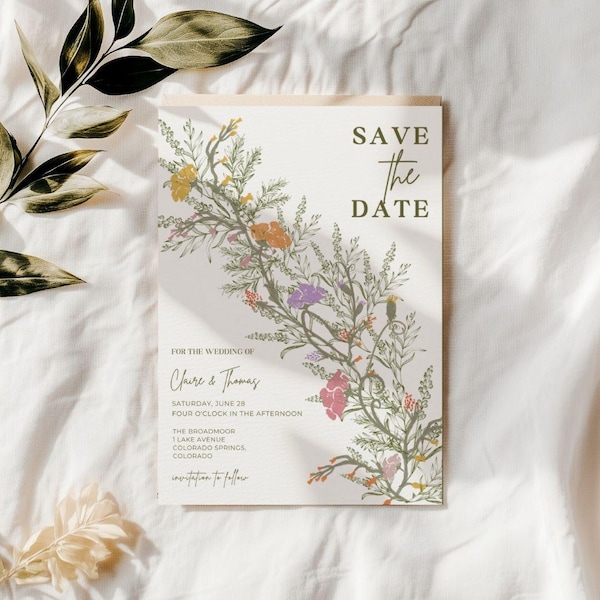 Guardar la fecha para boda con estilo art nouveau floral, papelería de boda con flores silvestres, plantilla editable con flores de primavera, invitación editable en Canva para fiesta en el jardín.