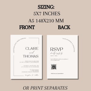 This is a sizing chart to show Etsy customers what size wedding templates are included in this package. Text at the top reads, sizing 5x7 or A5. Under the text are two examples of the wedding invite modern templates.