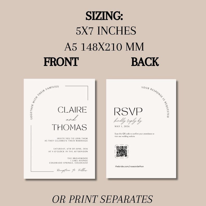 This is a sizing chart to show Etsy customers what size wedding templates are included in this package. Text at the top reads, sizing 5x7 or A5. Under the text are two examples of the wedding invite modern templates.