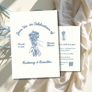 Hand Drawn Wedding Invitation Template, Whimsical wedding, artsy wedding canva template, line art blue wildflower illustration, hand written