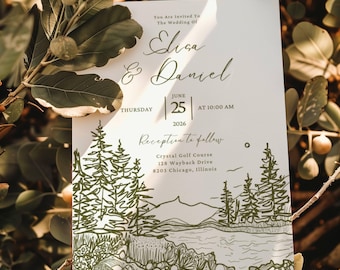 Puede incluir: Invitación de boda con texto e ilustraciones verdes sobre fondo blanco. La invitación incluye los nombres Elisa & Daniel, la fecha 25 de junio de 2026 y la hora 10:00 AM. La invitación también incluye el lugar de la recepción.