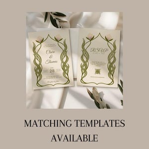 This is a informational slide with a different mock up photo in the center - this one has text that reads, matching templates available. The photo shows the matching wedding invitation template. The cards are in cream and green.