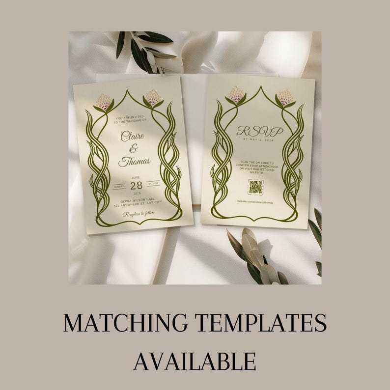 This is a informational slide with a different mock up photo in the center - this one has text that reads, matching templates available. The photo shows the matching wedding invitation template. The cards are in cream and green.