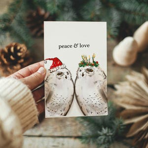 Cartão de Natal de coruja de inverno para impressão, cartão de Natal digital, cartão de felicitações minimalista de paz e amor, cartão de Natal em branco, Natal nórdico
