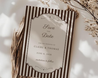 braune und weiße Streifen Save the Date Hochzeitskarte, Brown Save the Date Hochzeitskarte, bearbeitbar Save the Dates, neutrale Hochzeit, bearbeitbar
