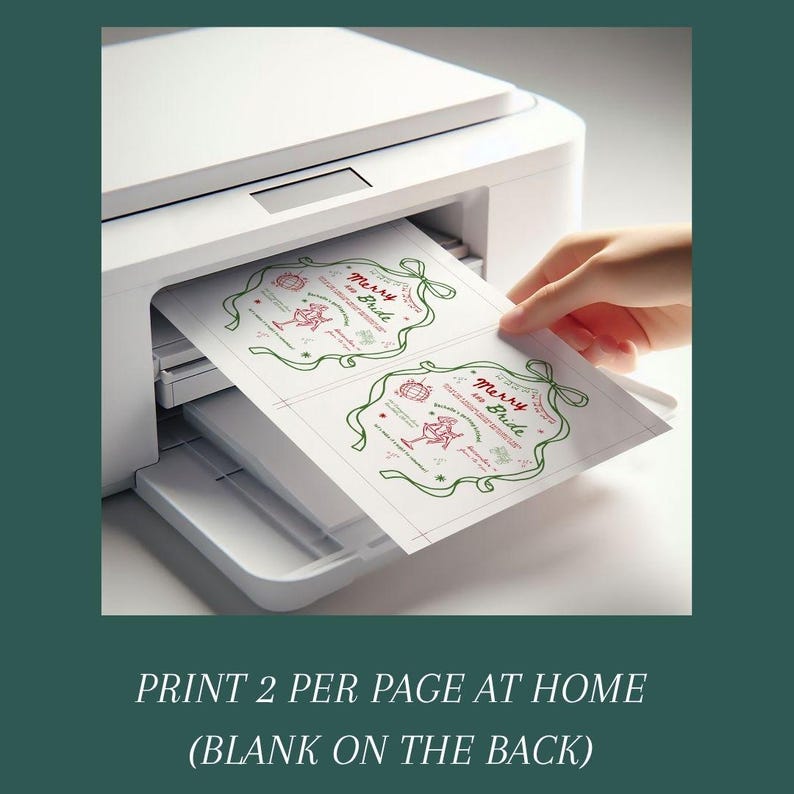 This is a lifestyle image of a printer - it shows two of the Christmas inspired Bachelorette invites being printed on one page.