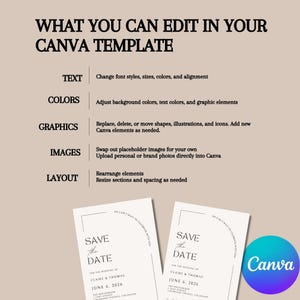 This is an informational slide showing what the customer can edit on their wedding templates in canva - text, colors, graphics, images, and layout.
