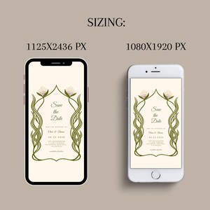 This slide give the customer an example that these save the dates can be sent as a text message format. There are two phone screens on the slide showing these wedding templates can be send digitally in two different sizes - 1125x2436 px or 1080x1920 px.