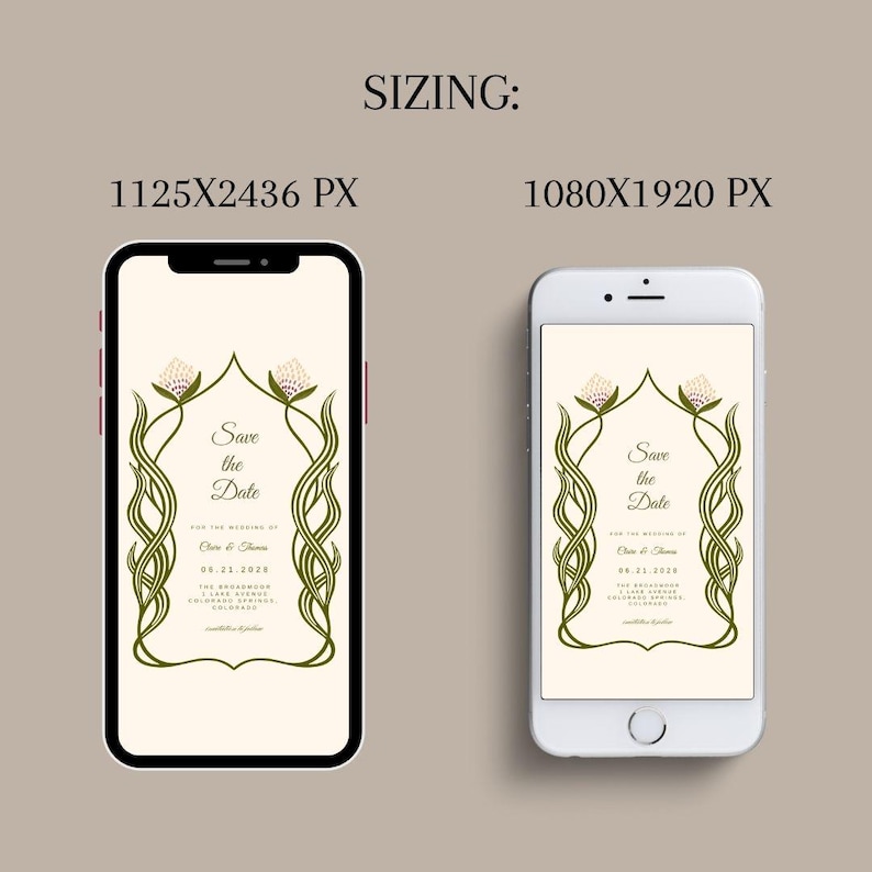 This slide give the customer an example that these save the dates can be sent as a text message format. There are two phone screens on the slide showing these wedding templates can be send digitally in two different sizes - 1125x2436 px or 1080x1920 px.