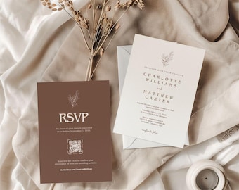 Brown Wedding Invitation, Rustic Wedding Invites, Neutral wedding stationary, minimalistic, editable invites