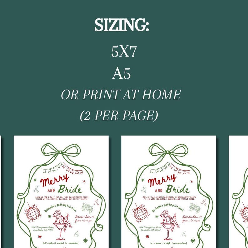 Green background, plain and minimalistic, with a bold title that reads, sizing - 5x7, A5 with an option to print 2 at home.