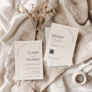 Plain white sheet background with sprigs of dried plants and shadows. In the center are one simple and minimal wedding invites. The script is is in cursive. Plain black and white. There is also a view of the back of the invite - in minimalistic style there is also an RSVP with a QR code.