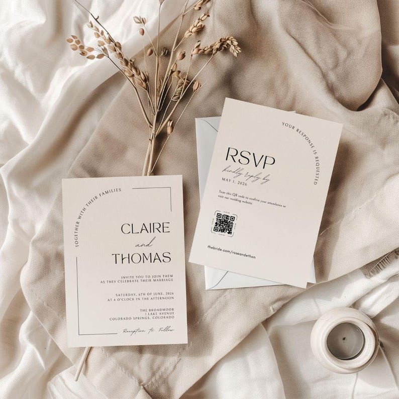 Plain white sheet background with sprigs of dried plants and shadows. In the center are one simple and minimal wedding invites. The script is is in cursive. Plain black and white. There is also a view of the back of the invite - in minimalistic style there is also an RSVP with a QR code.