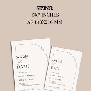 Plain background with a bold title that reads sizing and smaller text with the dimensions of this wedding template. The sizes are 5x7 inches and A5 of 148x210 MM. Under the sizing are two examples of the wedding stationery.