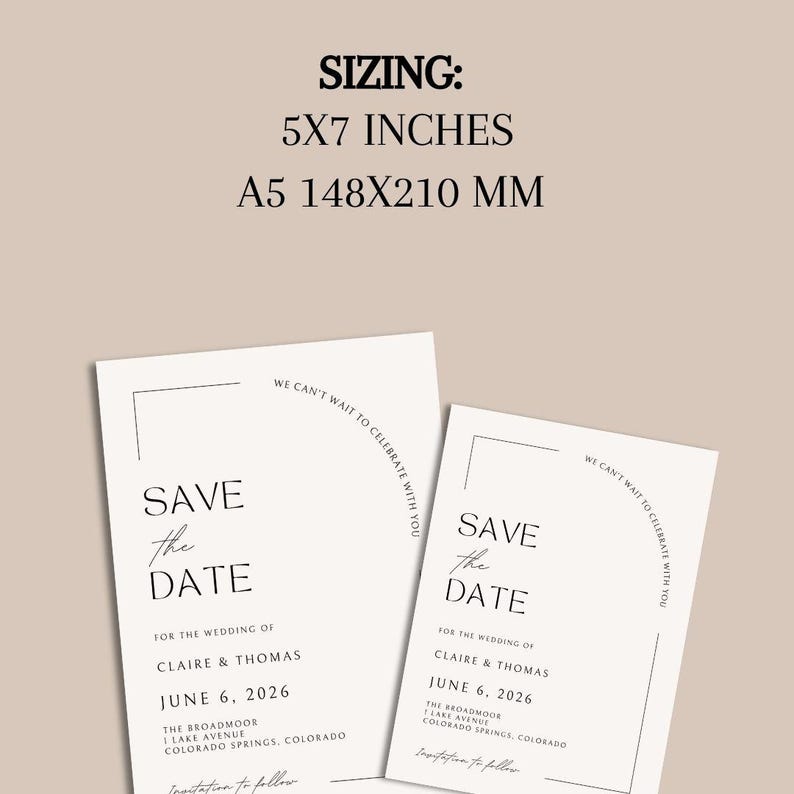 Plain background with a bold title that reads sizing and smaller text with the dimensions of this wedding template. The sizes are 5x7 inches and A5 of 148x210 MM. Under the sizing are two examples of the wedding stationery.