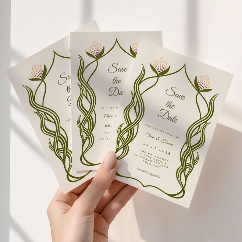 Three ivory-colored "Save the Date" cards with elegant green script. The cards feature the text "save the date", names, and a date. The cards are held in a hand, with the text "Eliane & Thomas" and the date, the border is in green vines.