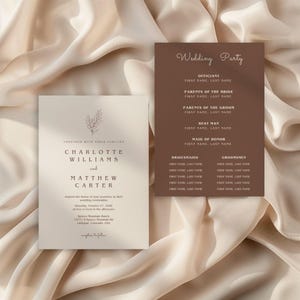 May include: Two wedding stationery cards. One is a cream-colored invitation with the names "Charlotte Williams and Matthew Carter" and event details. The other is a brown card listing wedding party roles.